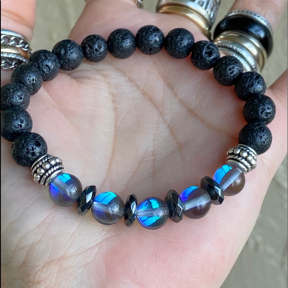 Opalite & black lava rock boho bead bracelet